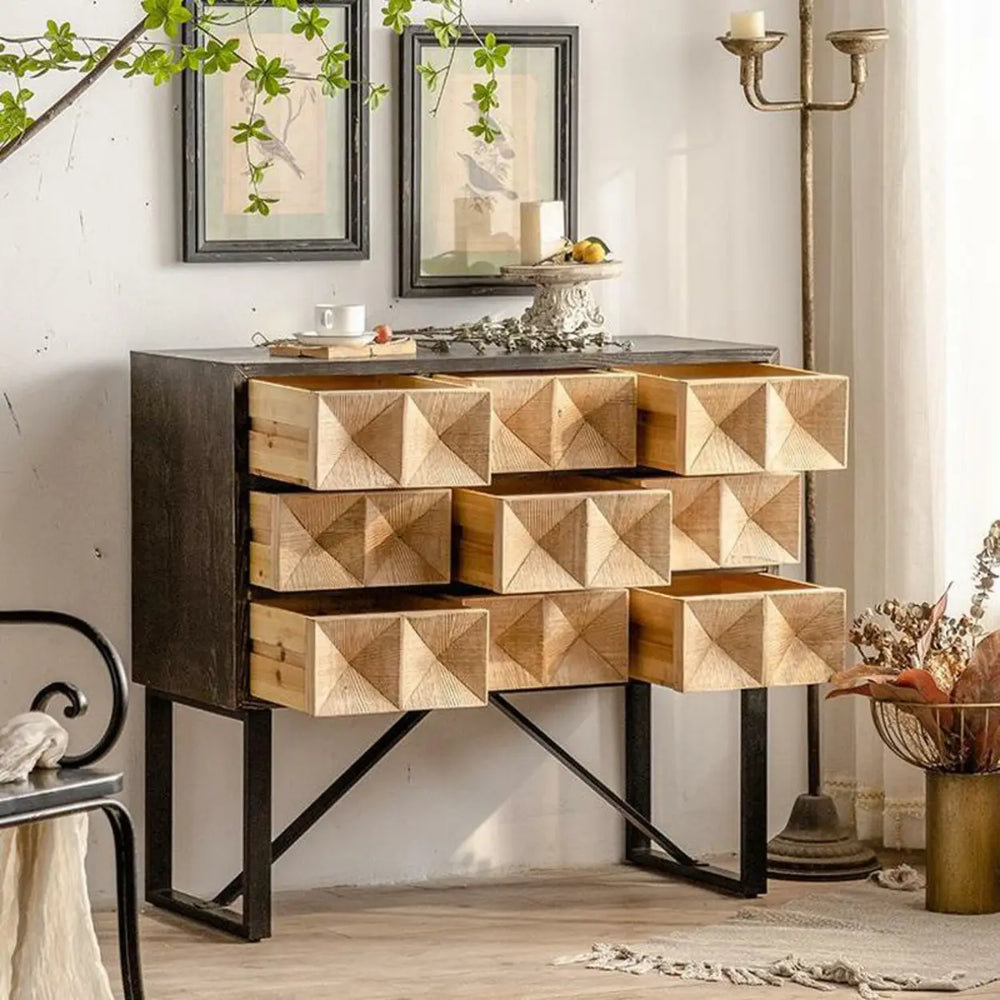 Geometric Wood Black Console Table with Storage Drawers