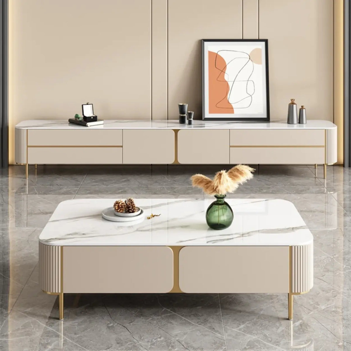Glam Beige Stone Rectangle Drawers Cabinet TV Stand