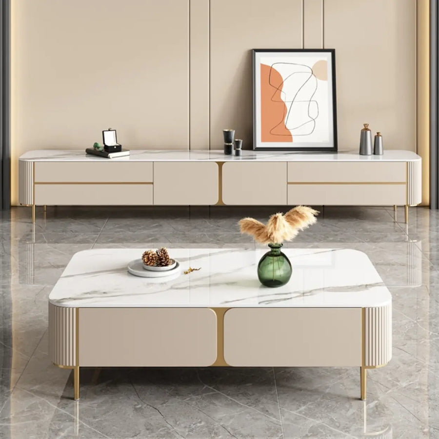 Glam Beige Stone Rectangle Drawers Cabinet TV Stand