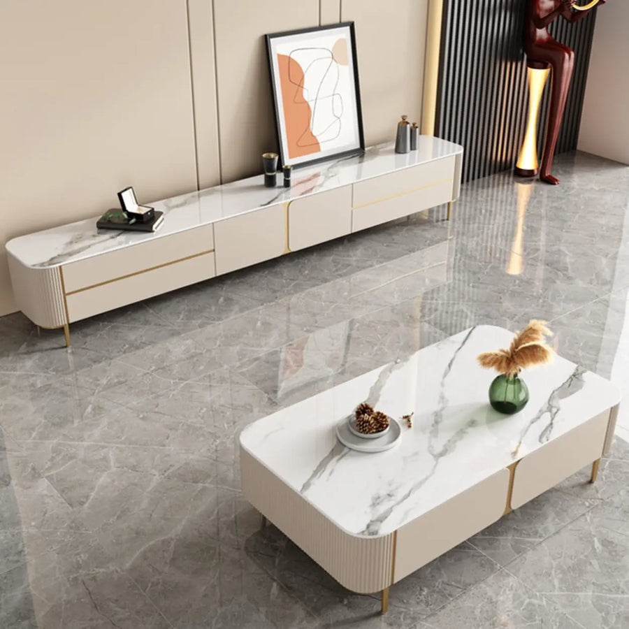 Glam Beige Stone Rectangle Drawers Cabinet TV Stand