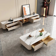 Glam Beige Stone Rectangle Drawers Cabinet TV Stand