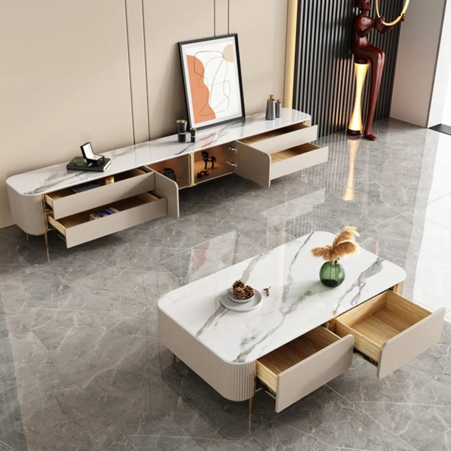 Glam Beige Stone Rectangle Drawers Cabinet TV Stand