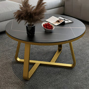 Glam Black Stone Round Metal Cross Legs Coffee Table