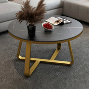 Glam Black Stone Round Metal Cross Legs Coffee Table