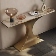 Glam Entryway Rectangular Stone Gold Curve Base Console Table
