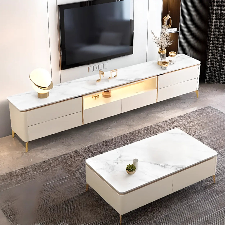 Glam Stone Open Storage Drawers Rectangle TV Stand