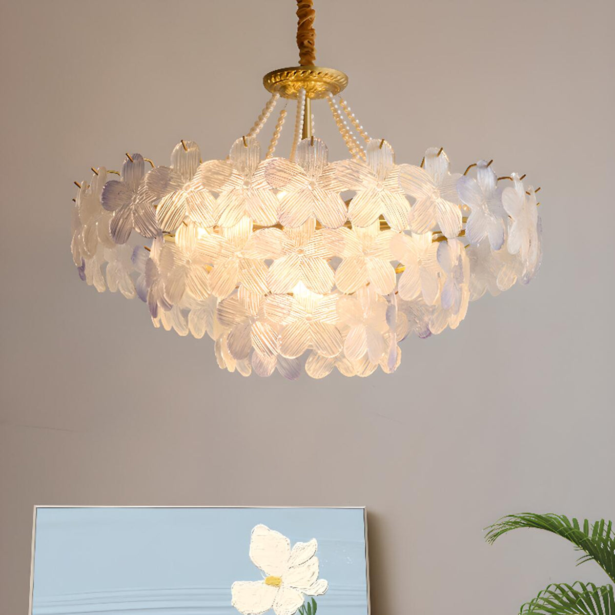 Gold Floral Clear Glass Chandelier, Adjustable Height