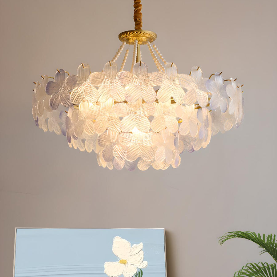 Gold Floral Clear Glass Chandelier, Adjustable Height