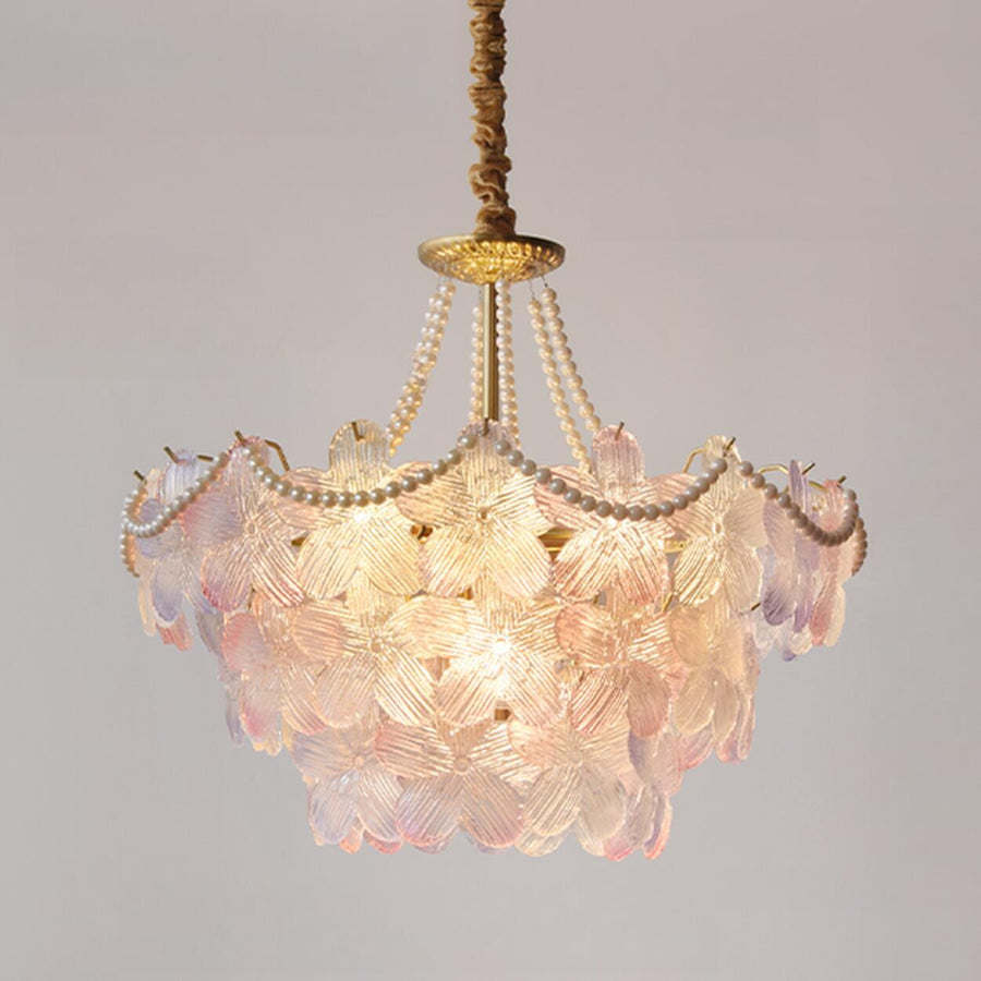 Gold Floral Clear Glass Chandelier, Adjustable Height