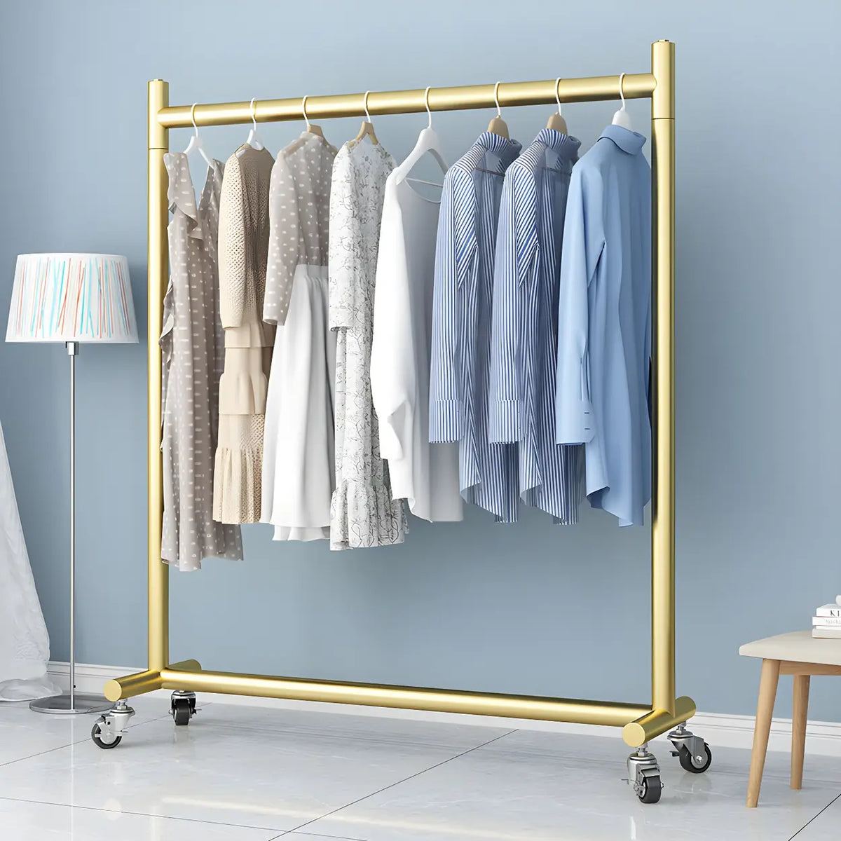 Gold Metal Rolling Coat Rack with Hangers and Casters