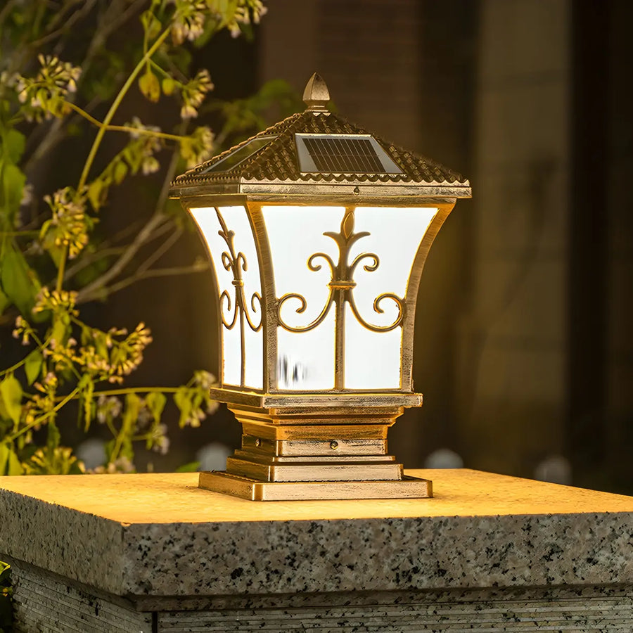 Gold Vintage Metal Solar Lantern Outdoor Garden Pillar Light