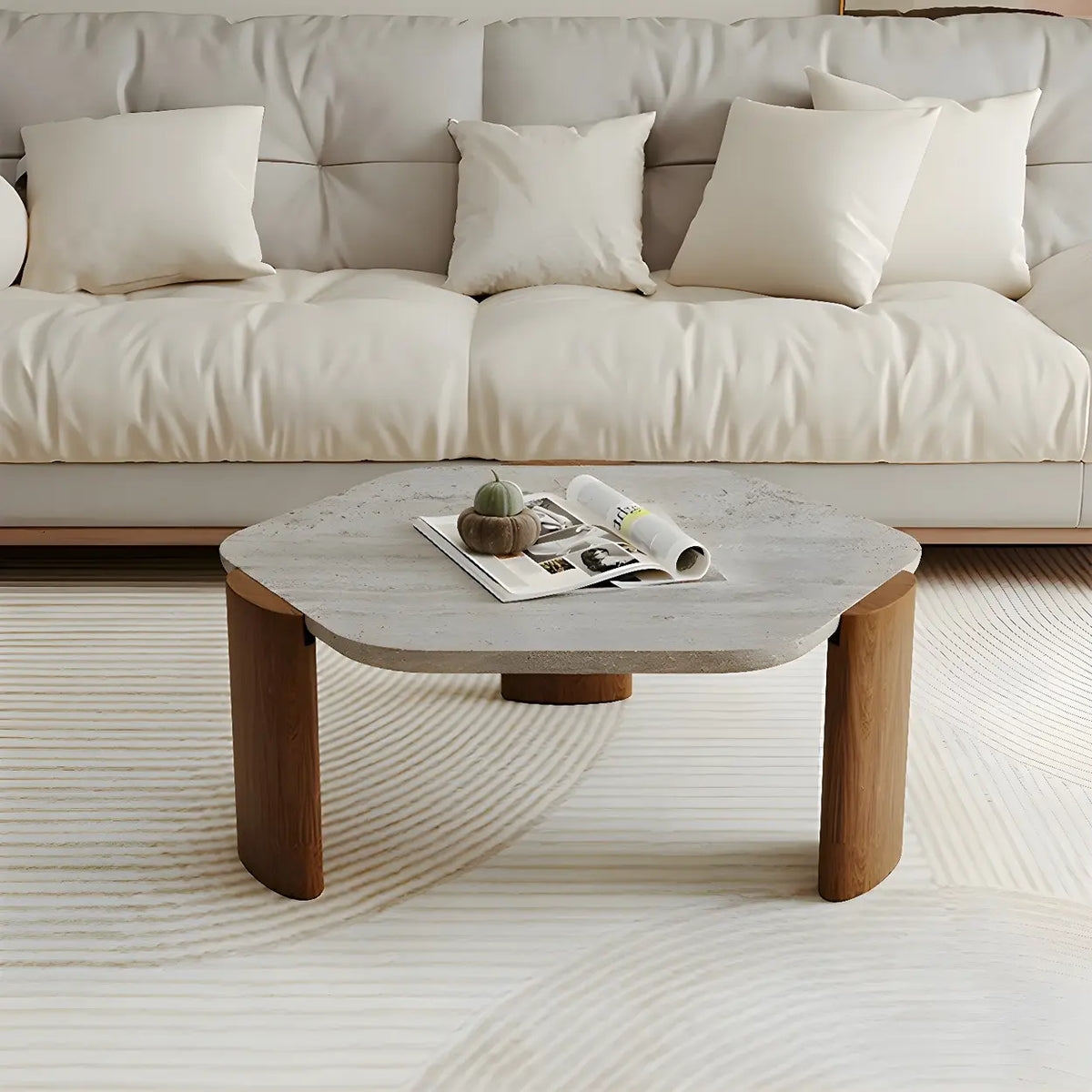 Gray Hexagon Travertine Coffee Table with Black Leg