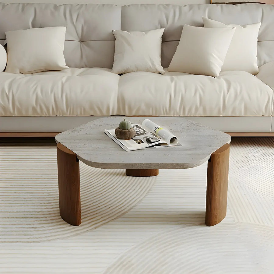 Gray Hexagon Travertine Coffee Table with Black Leg