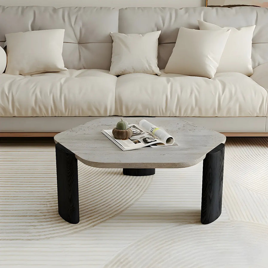 Gray Hexagon Travertine Coffee Table with Black Leg