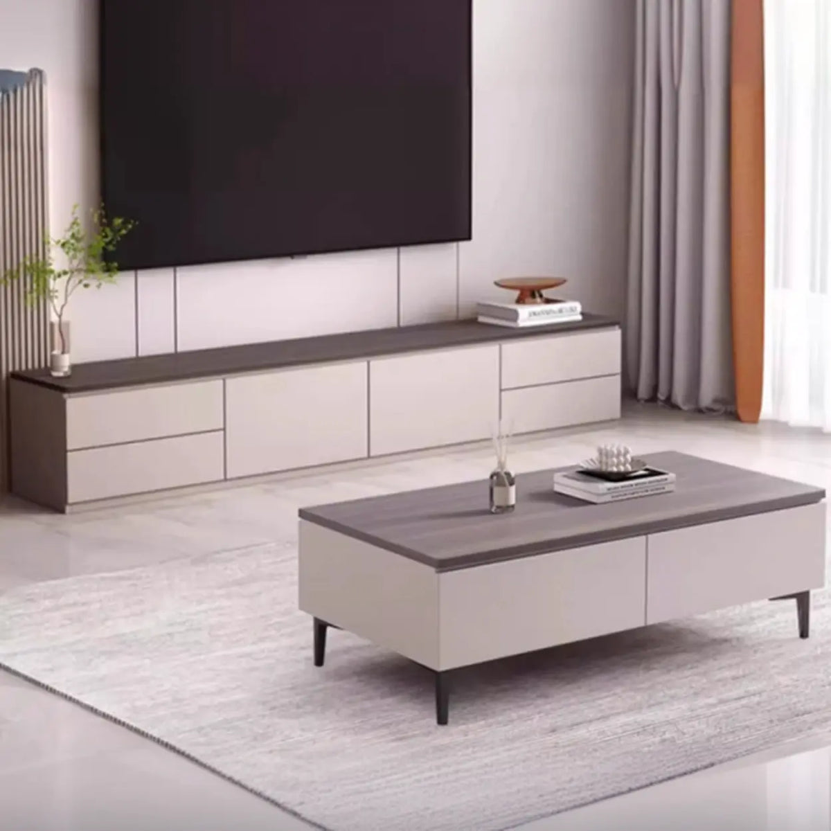 Gray Oak Wooden Rectangular TV Stand with Storage