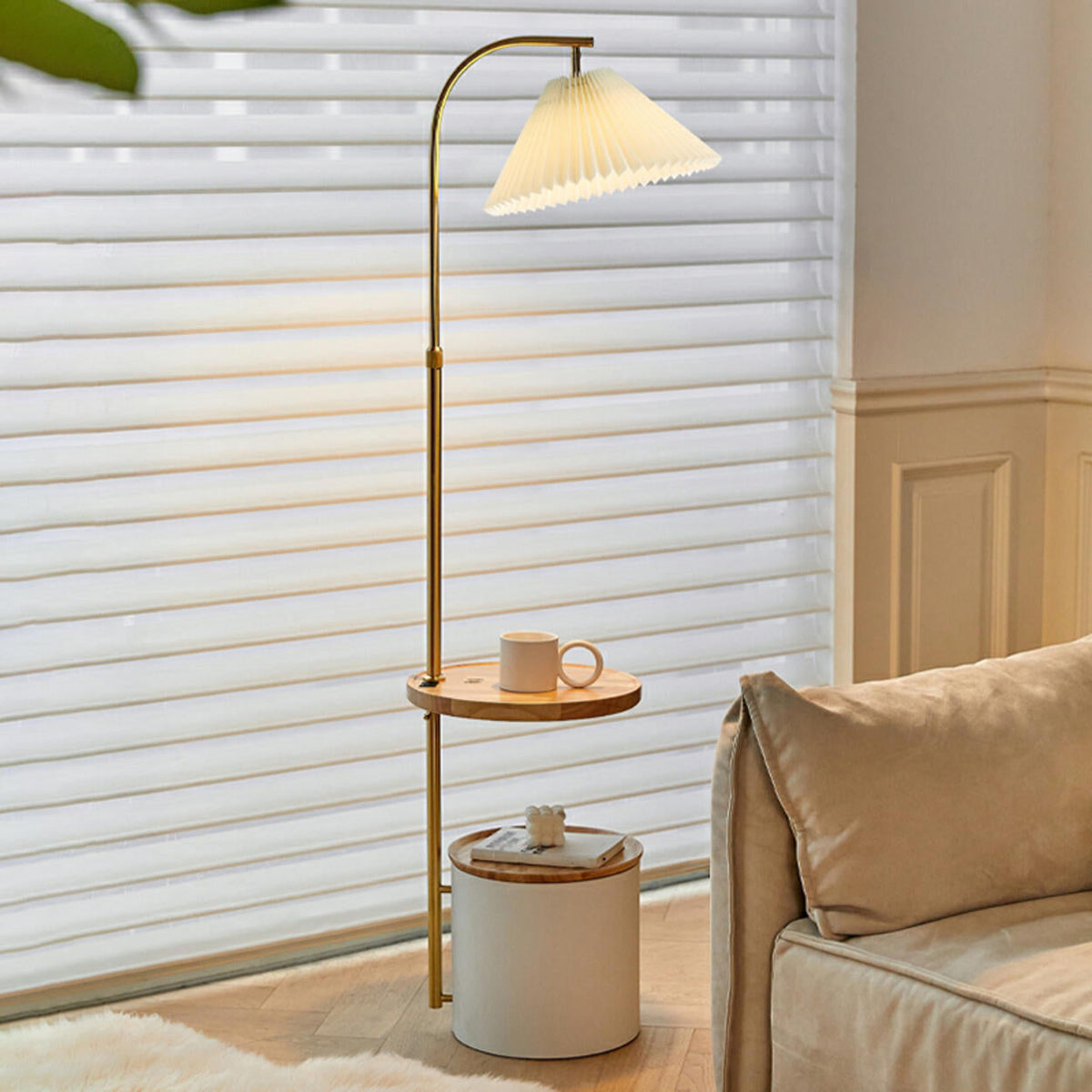 Gray Pleated Shade Multifunctional Shelf Floor Lamp