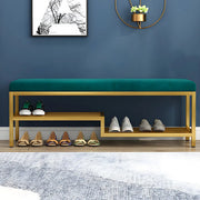 Green Velvet Metal Frame Entryway Bench with Shelves