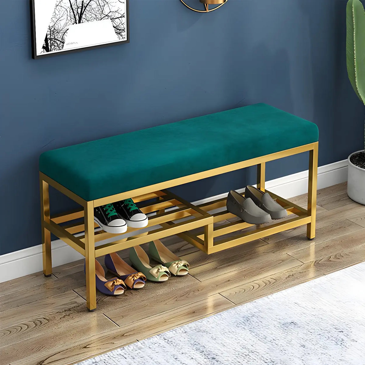 Green Velvet Metal Frame Entryway Bench with Shelves