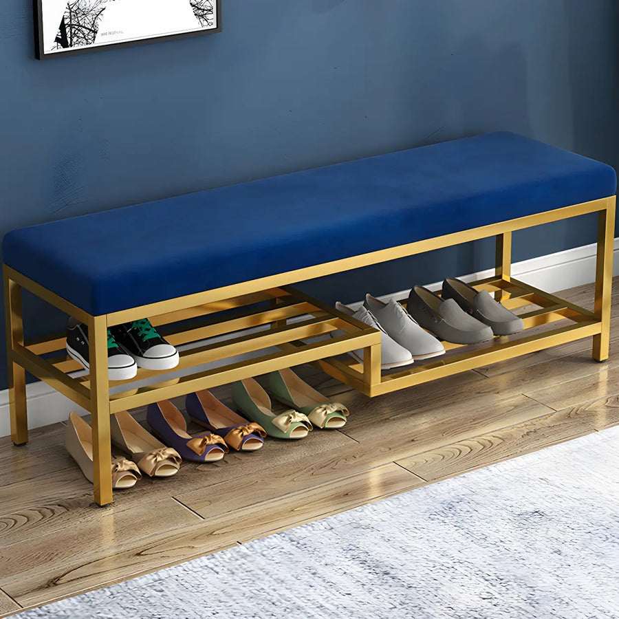 Green Velvet Metal Frame Entryway Bench with Shelves