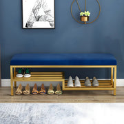 Green Velvet Metal Frame Entryway Bench with Shelves