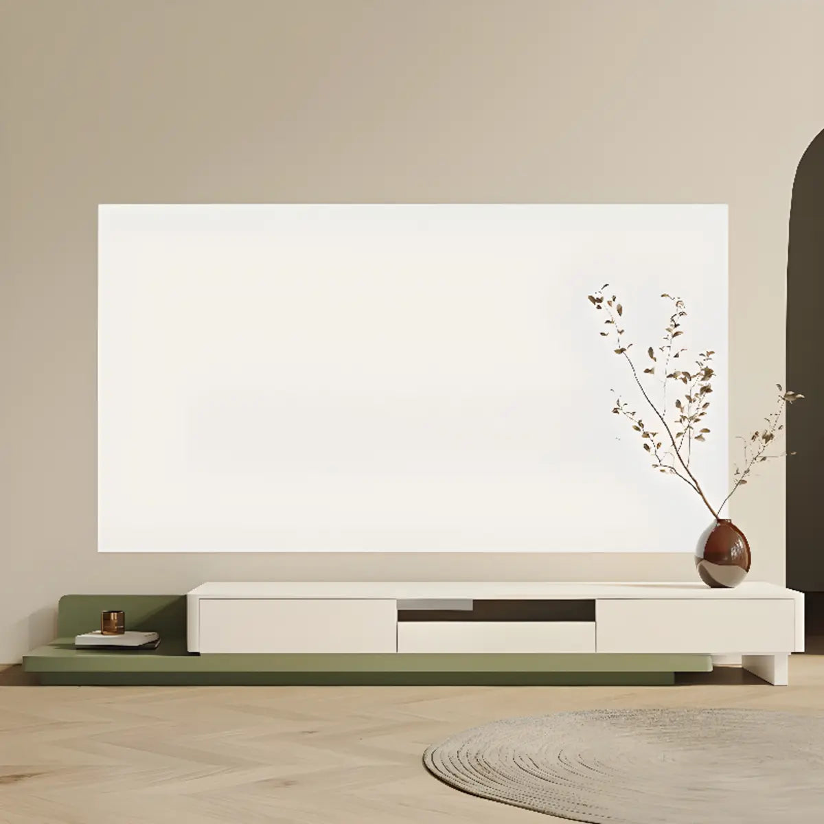 Green-White Fresh Long Wood Rectangle Storage TV Stand