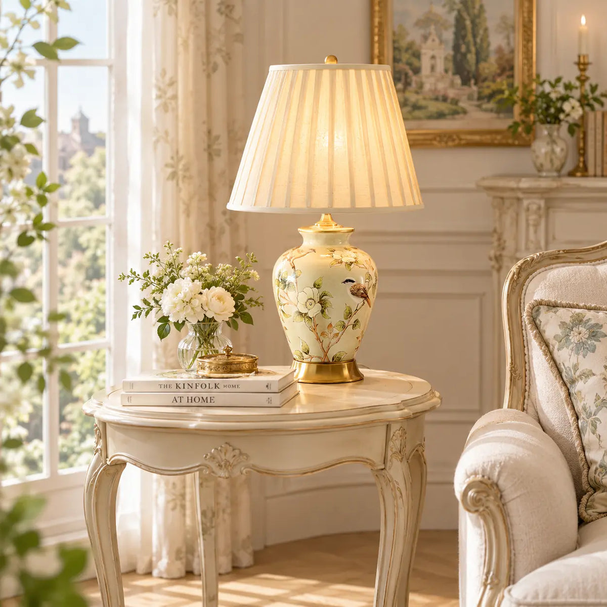 Sleepwyn Elegant Pleated Fabric Floral Ceramic Base Table Lamp