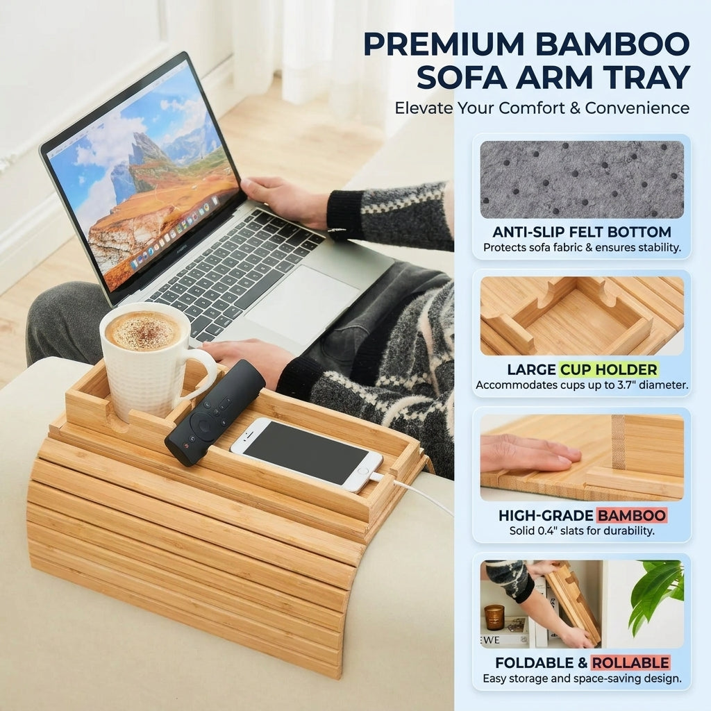 Sleepwyn Foldable Bamboo Sofa Armrest Tray