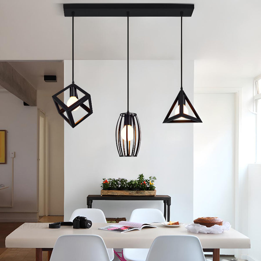 Industrial 3-Light Pyramid Cage Island Pendant Light