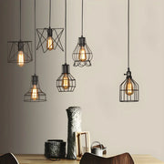 Industrial Black Metal Wire Caged Cord Pendant Light