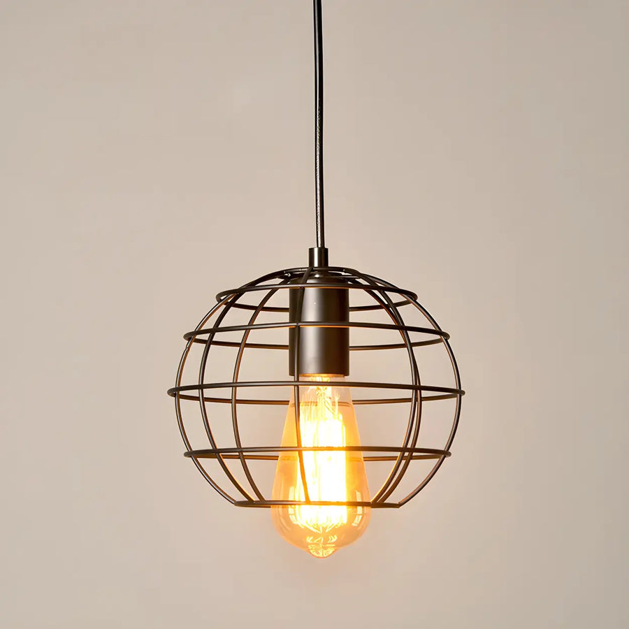 Industrial Black Metal Wire Caged Cord Pendant Light