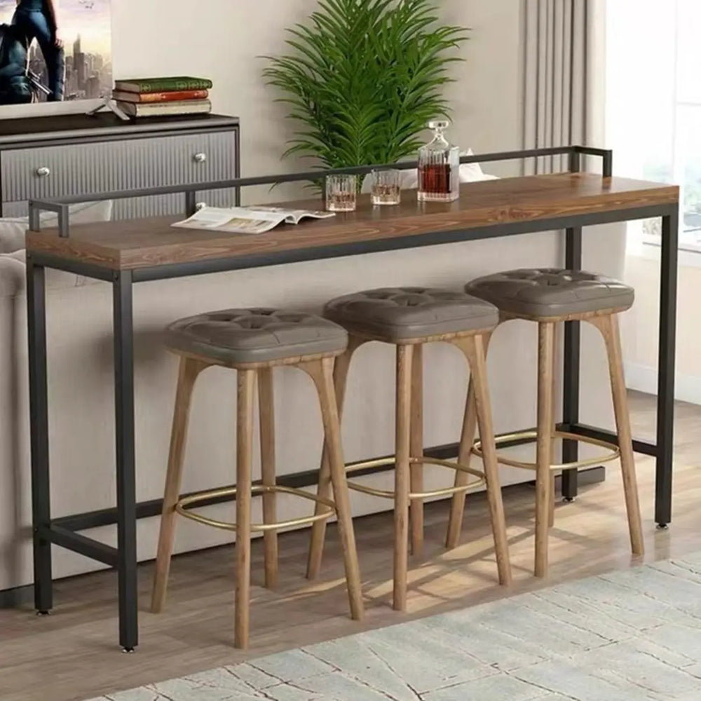 Industrial Brown Rectangular Metal Wood Bar Table With Footrest