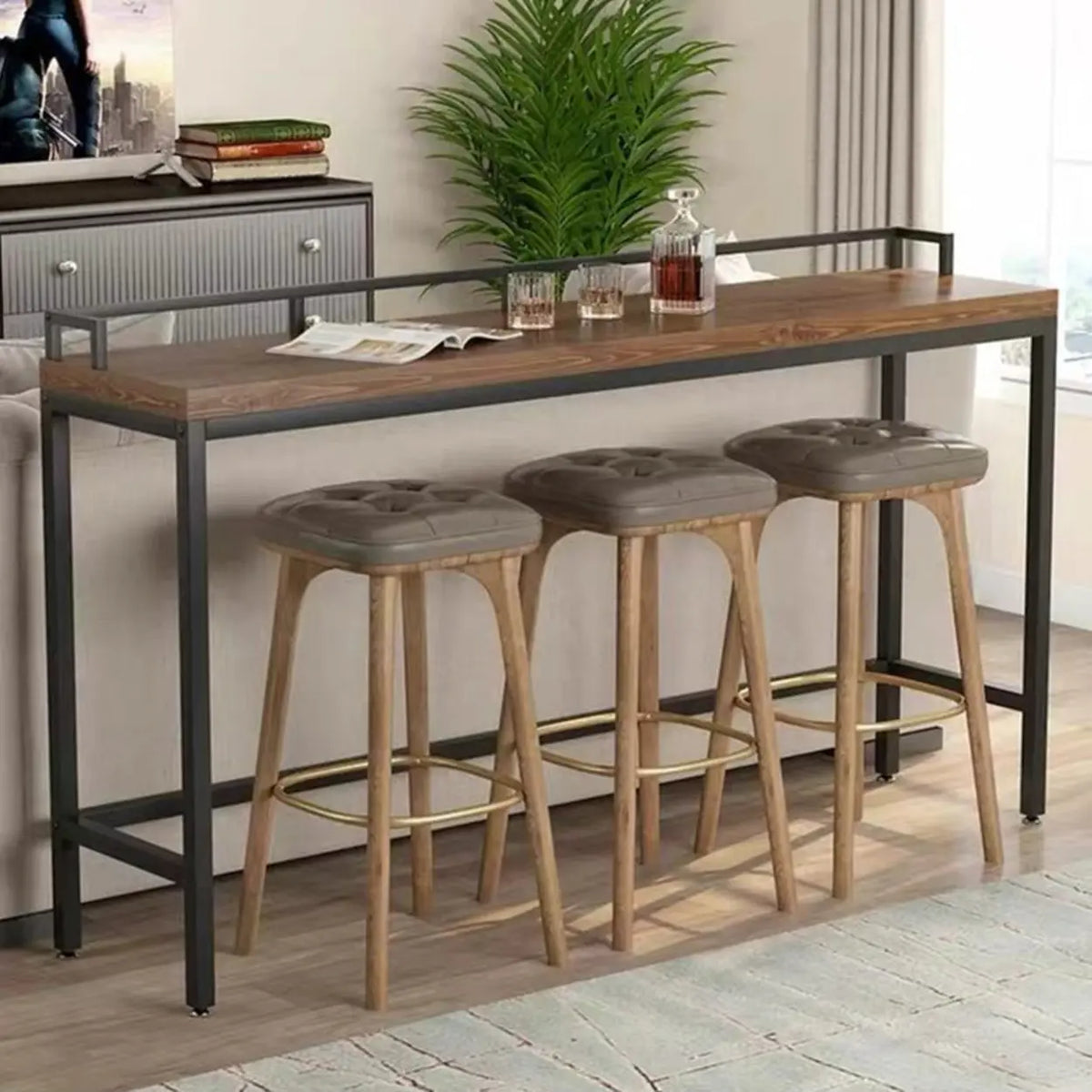 Industrial Brown Rectangular Metal Wood Bar Table With Footrest