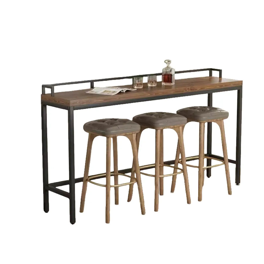 Industrial Brown Rectangular Metal Wood Bar Table With Footrest