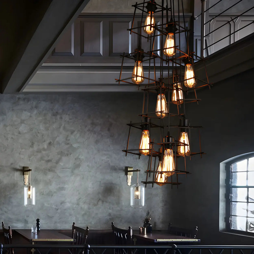 Industrial Cage Iron Living Room Black Large Chandelier