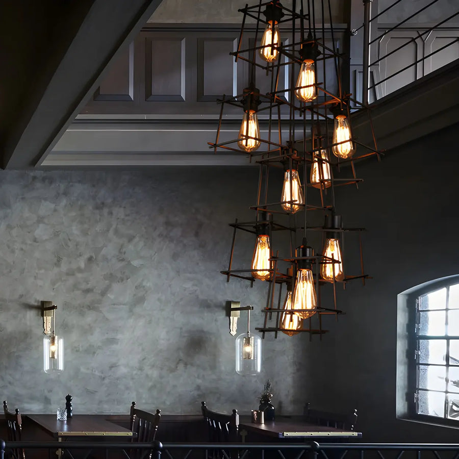 Industrial Cage Iron Living Room Black Large Chandelier