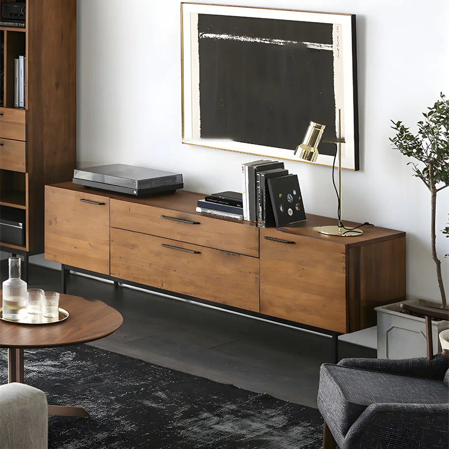 Industrial Rectangular Wood Living Room TV Stand Brown