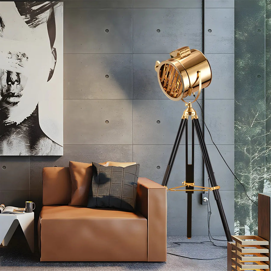 Industrial Tripod Metal Rotatable Gold LED Floor Lamp