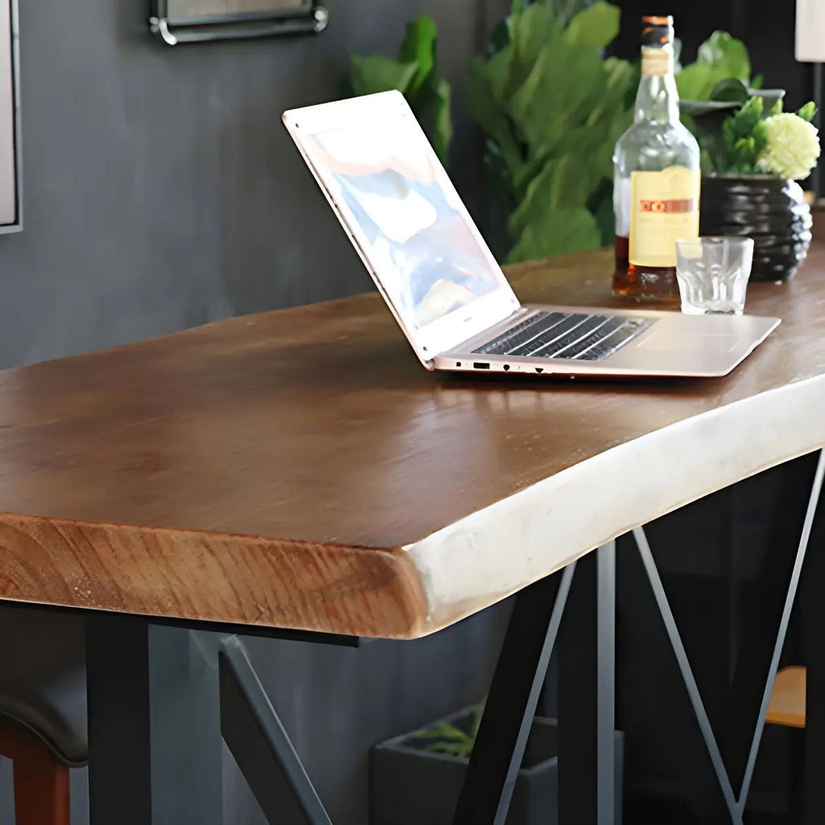 Industrial Narrow Bar Table Behind Couch with Footrest