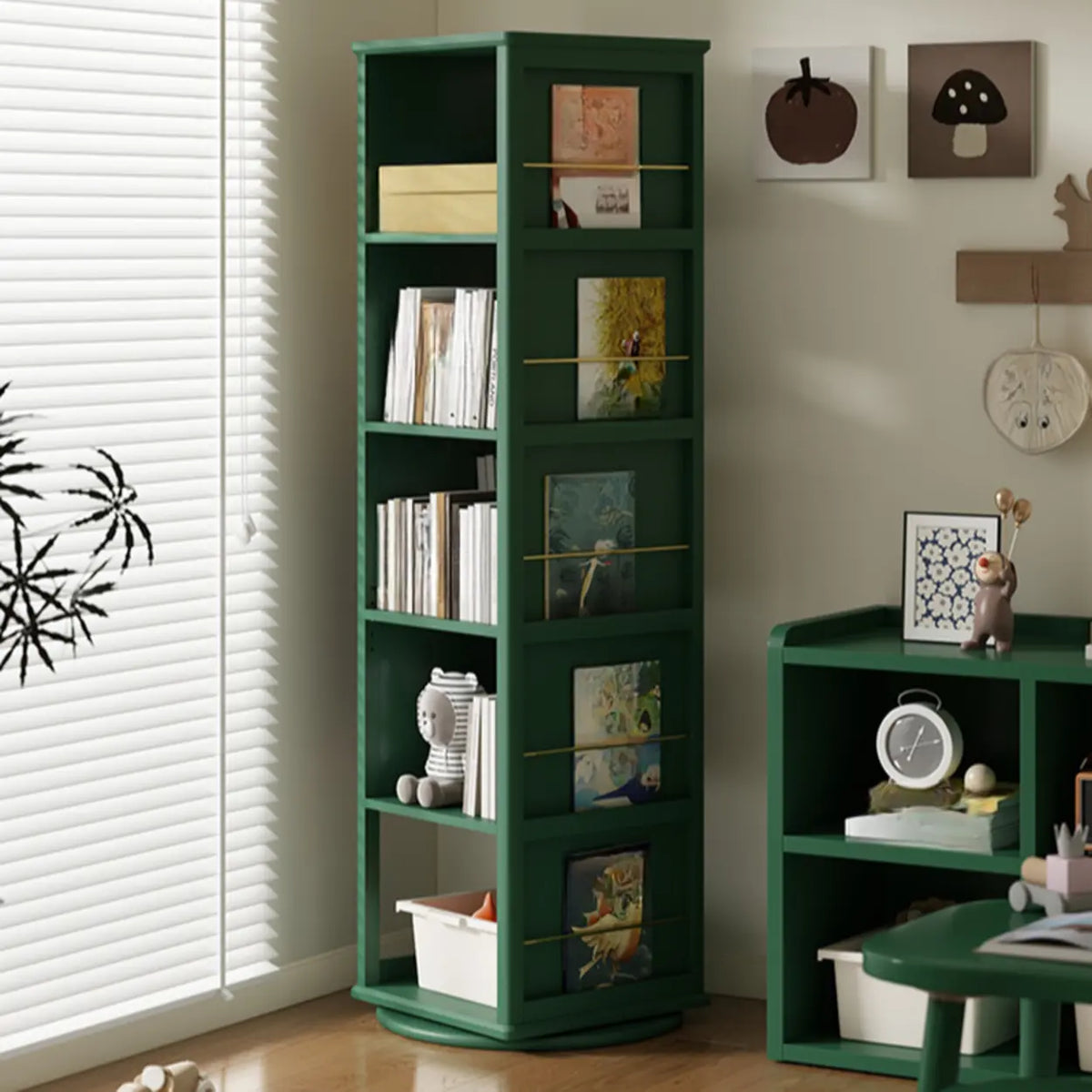 Kids Narrow Vertical Corner Rotating Wood Bookshelf Tower