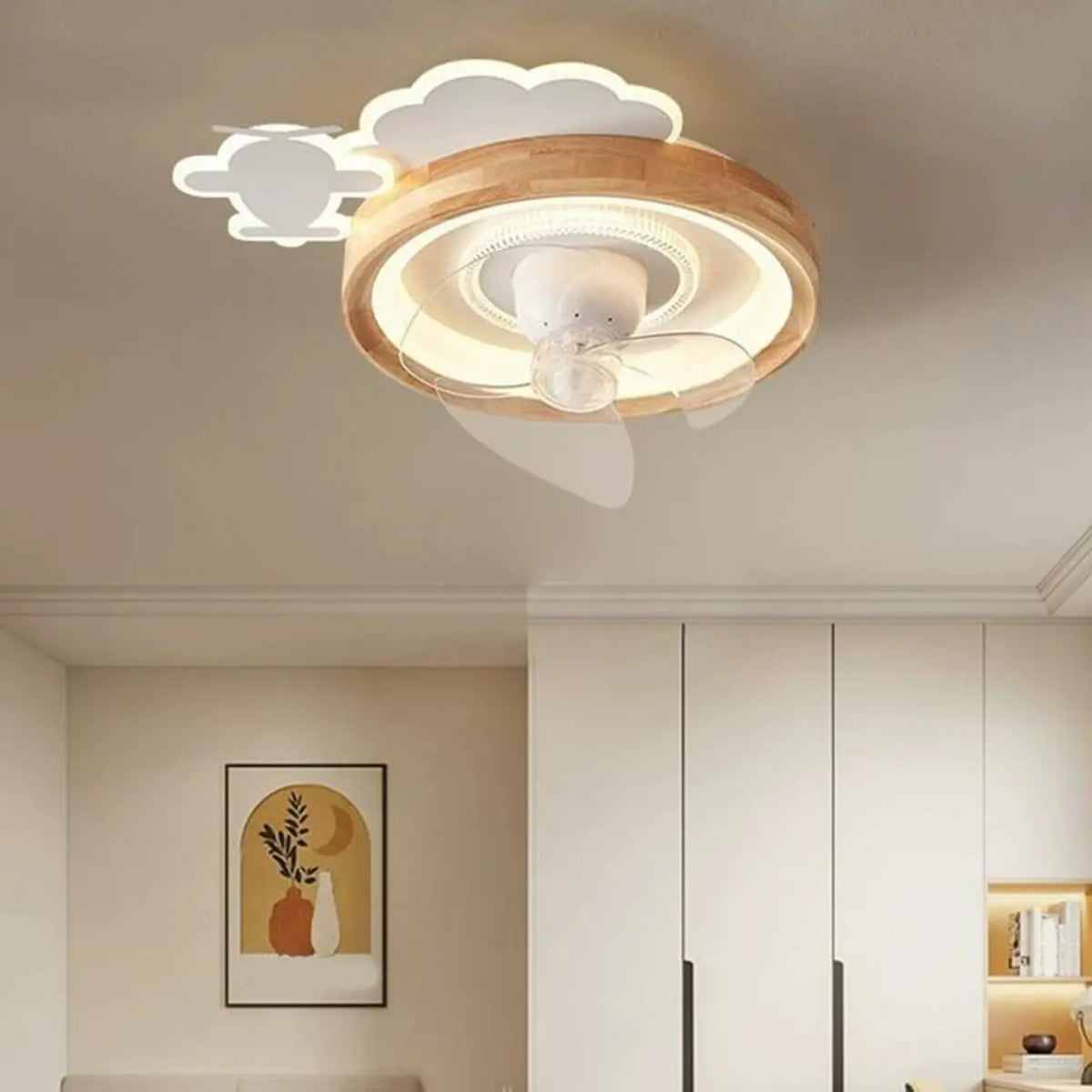 Kids Room Cloud Wood Flush Ceiling Fan with LED Light