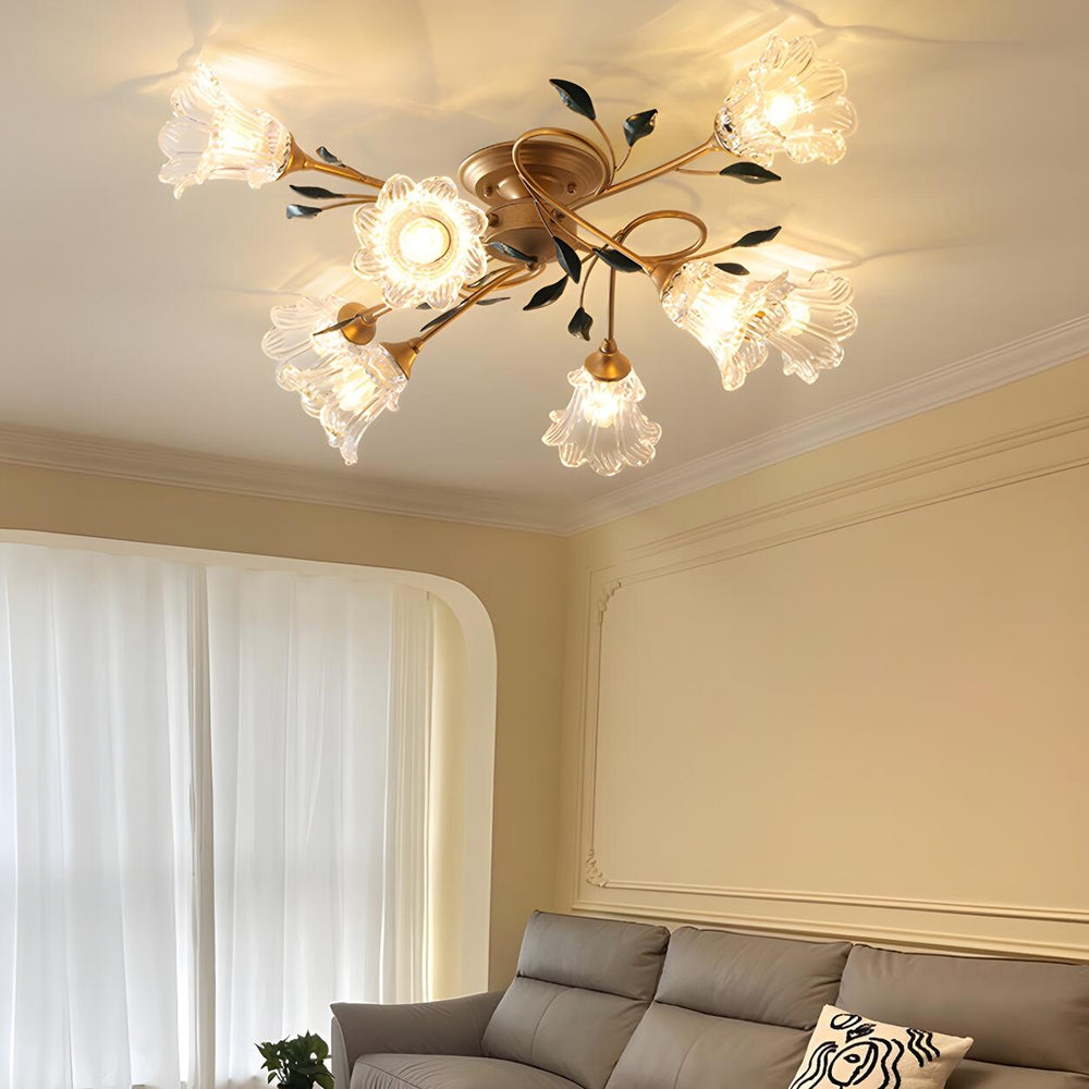 Large Romantic Flower Crystal Semi-Flush Mount Light