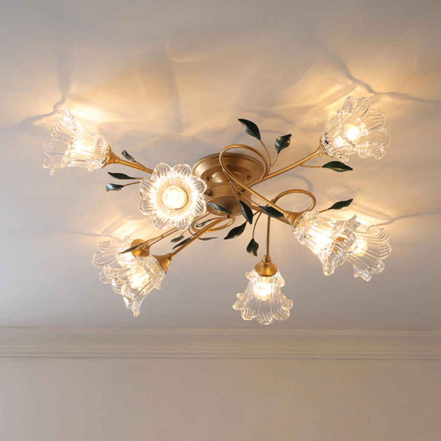 Large Romantic Flower Crystal Semi-Flush Mount Light
