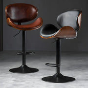 Leather Bucket Bar Stool with Curved Wood-Grain Shell & Low Back
