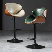 Leather Bucket Bar Stool with Curved Wood-Grain Shell & Low Back