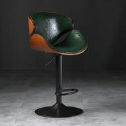 Leather Bucket Bar Stool with Curved Wood-Grain Shell & Low Back
