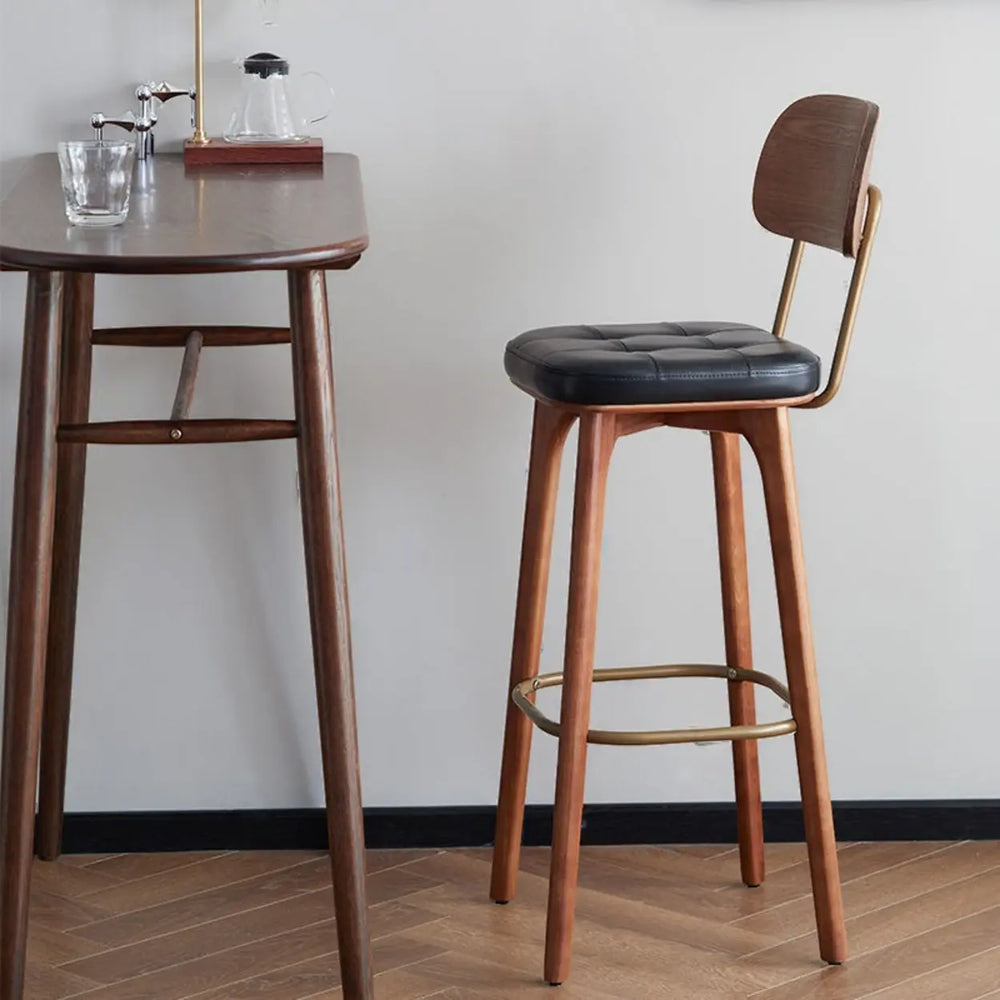Leather Upholstered Tufted Wood Bar Stool with Metal Footrest