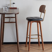 Leather Upholstered Tufted Wood Bar Stool with Metal Footrest