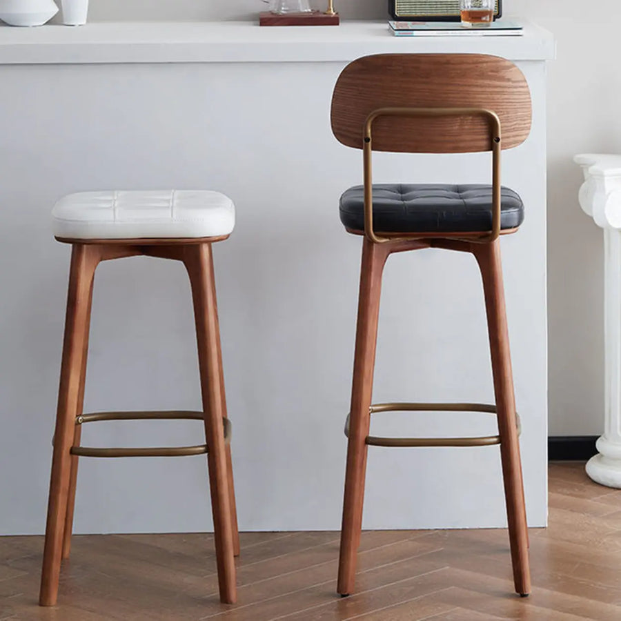 Leather Upholstered Tufted Wood Bar Stool with Metal Footrest