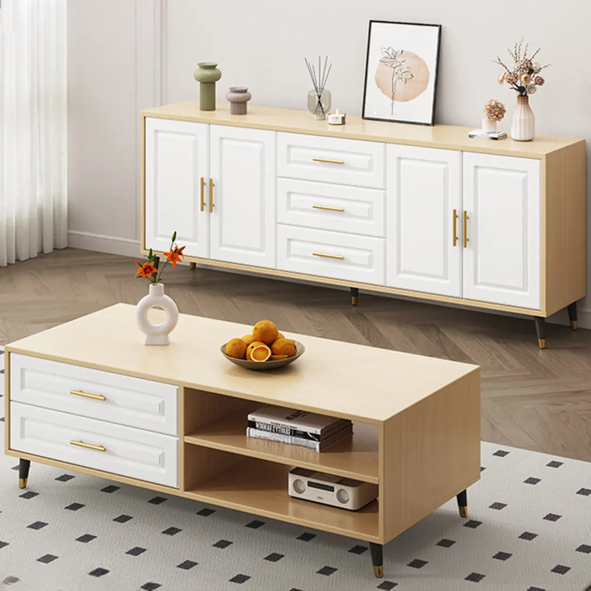 Light Walnut Wood Rectangular Drawers Cabinet TV Stand