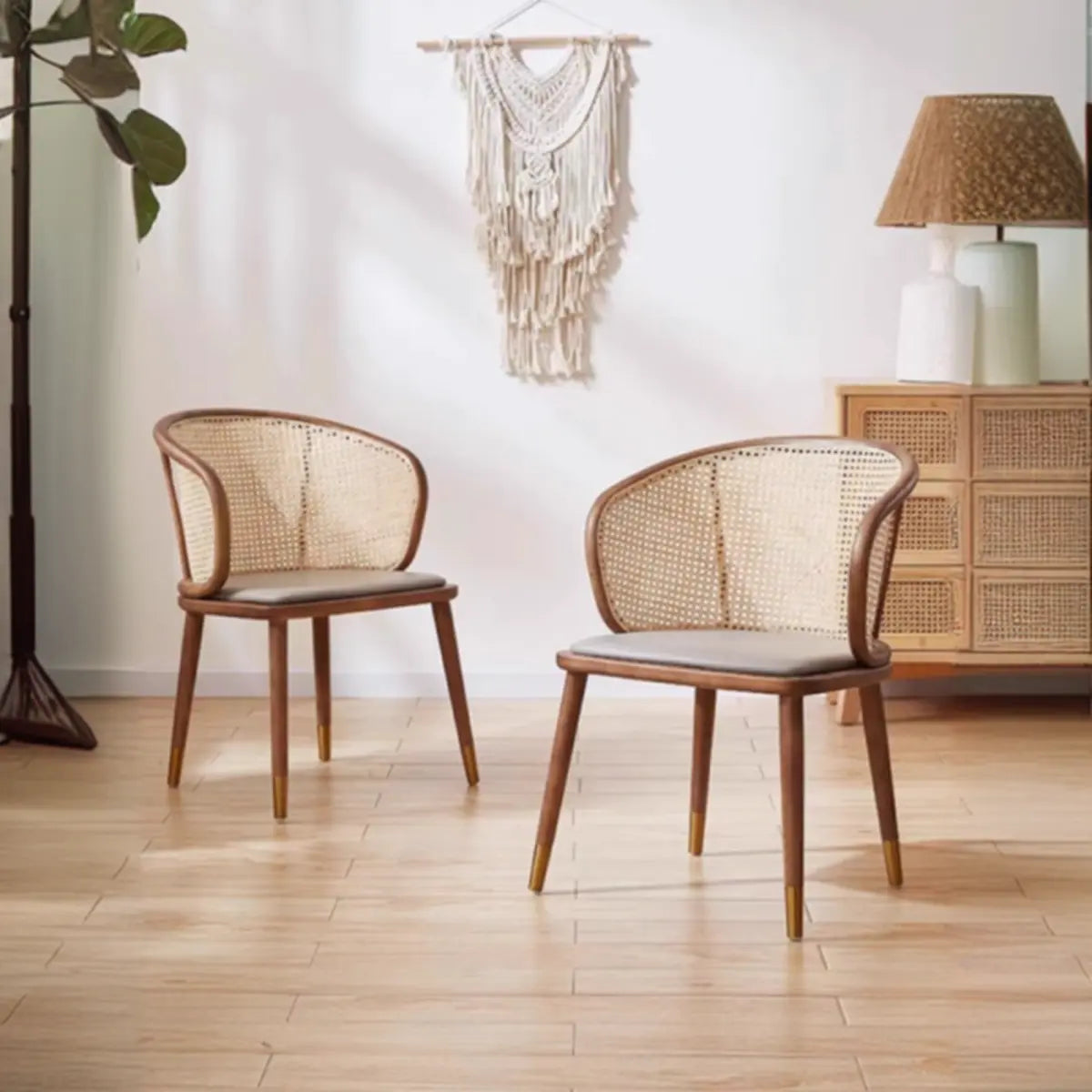 Living Room Curved Rattan Back Dining Chairs Brown